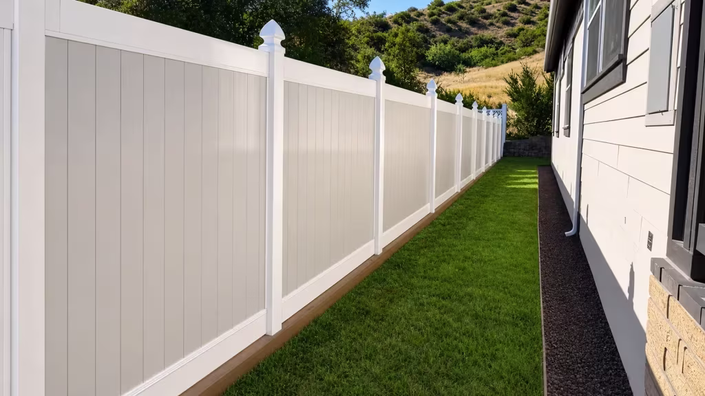 Tan vinyl two-tone fence with closely spaced boards running a narrow lawn strip
