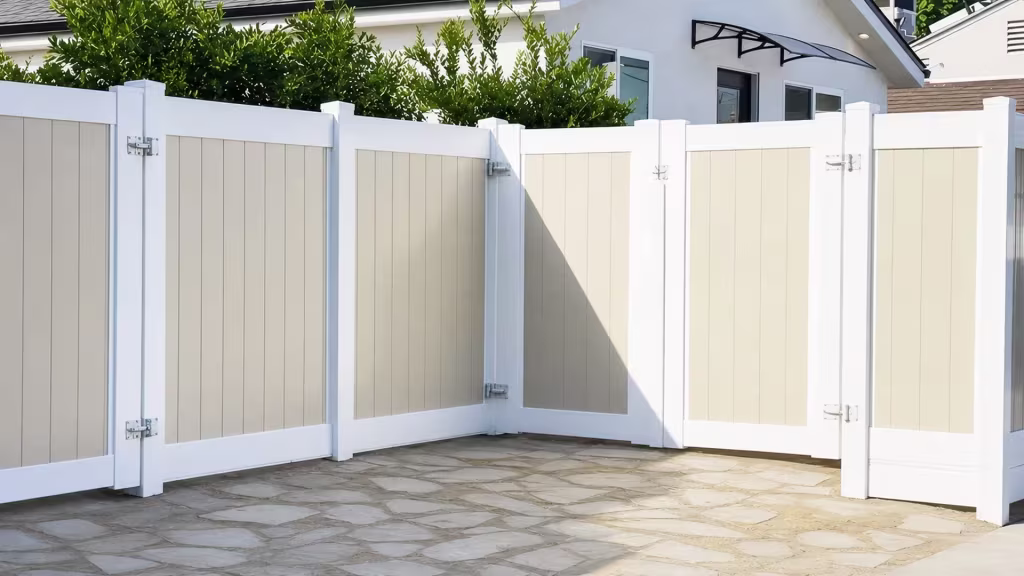 Beige vinyl two-tone fence forming a multi-gate enclosure beneath a black awning