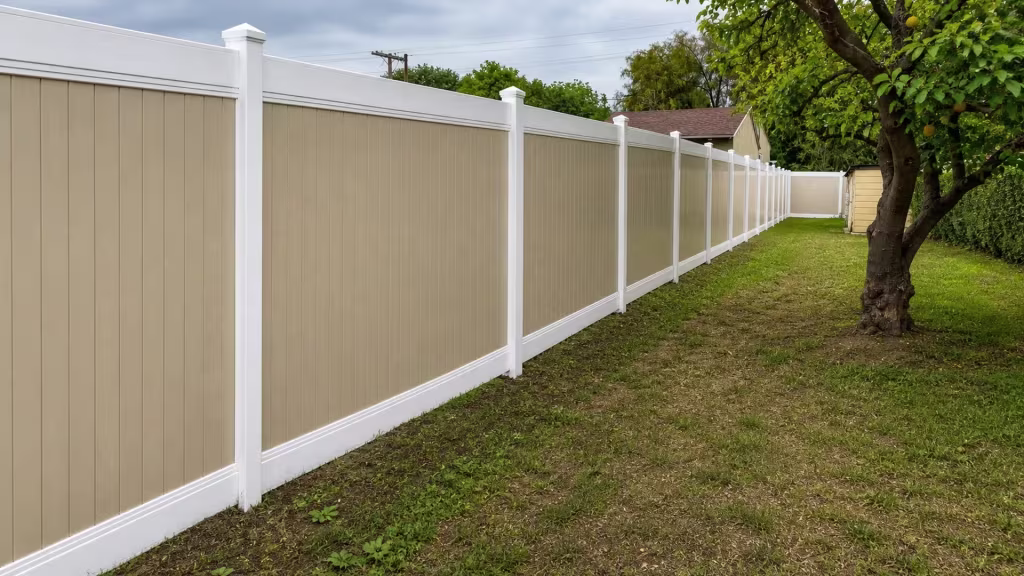 Tan vinyl two-tone fence running past a mature fruit tree and a small outbuilding