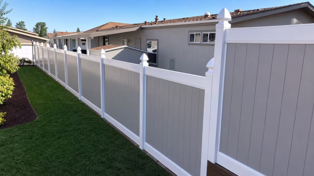 White vinyl two-tone fence angling past a lawn beside a manufactured home