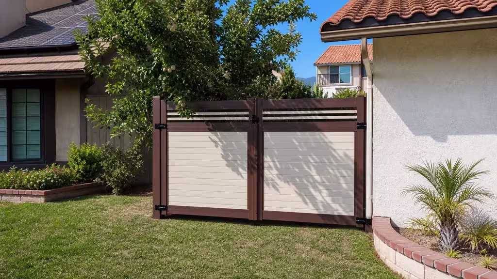 Clay tile rooflines and fruit tree branches frame this Cream two-tone vinyl driveway gate