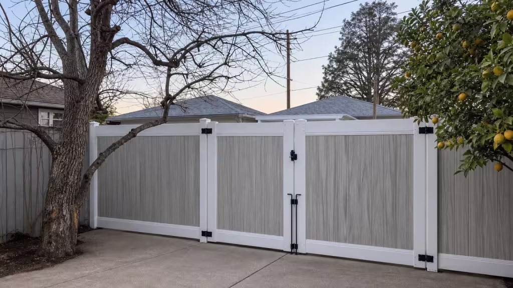 Three broad gray woodgrain panels fill this White two-tone vinyl driveway gate beneath a bare tree