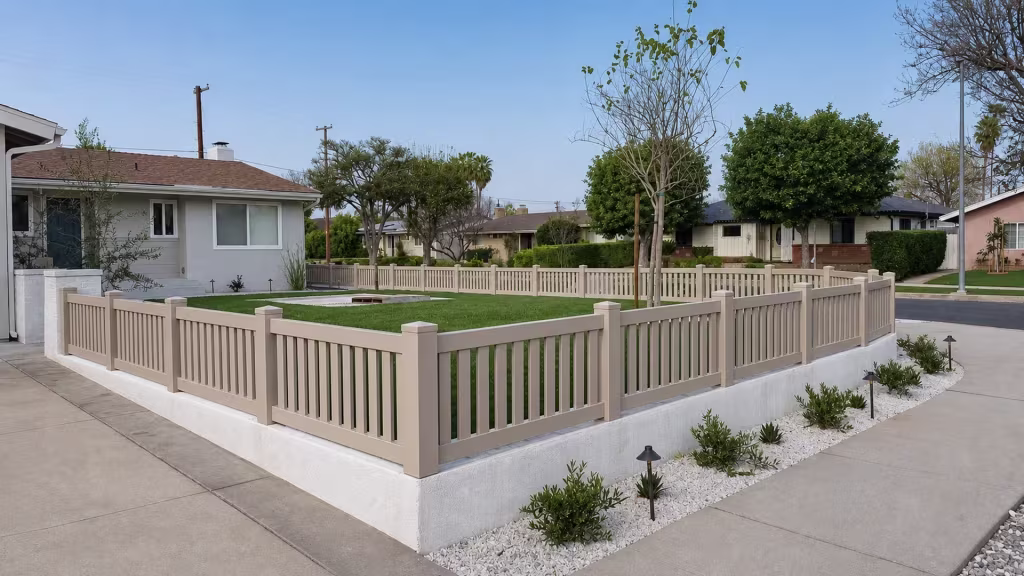 Clay vinyl closed-top pickets form a fence mounted on a low white masonry wall past the driveway and gravel beds