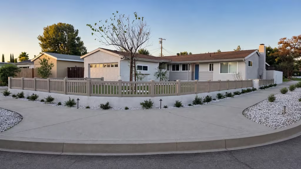 A low white stucco wall carries this Clay vinyl fence, closed-top pickets, around a corner-lot front yard