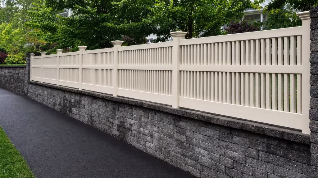Tan vinyl fence pickets, closed at the top, step along the cap of a gray block retaining wall