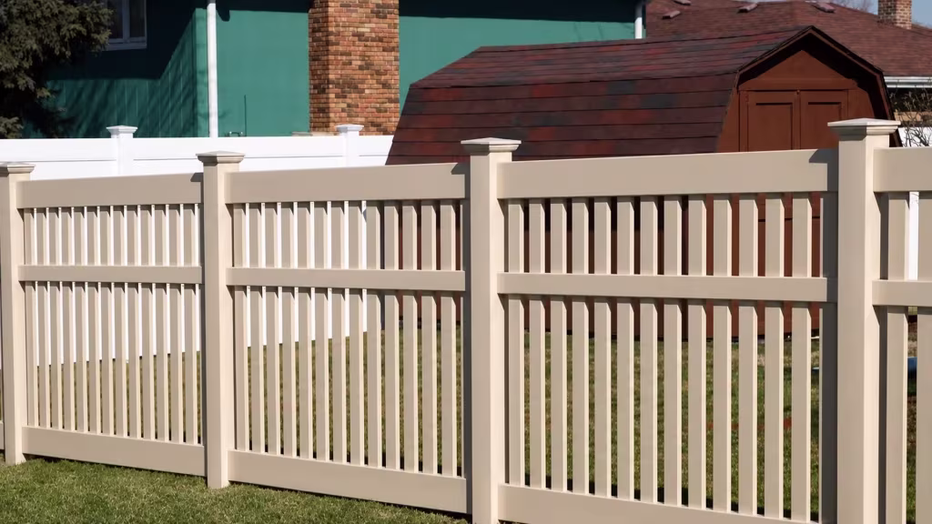 Five even spans make up a Tan vinyl closed-top picket fence set on stepped pyramid post caps