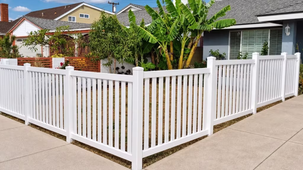 Past a covered porch, angled bays wrap the yard in a White vinyl fence built of closed-top pickets