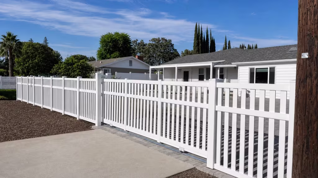 A sliding driveway gate rolls along this White vinyl picket fence, passing a wooden utility pole and single-story house