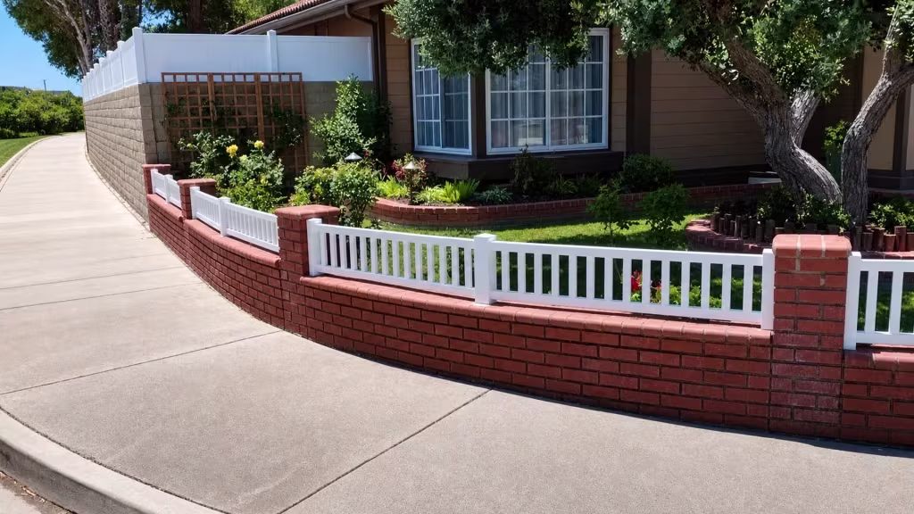 White vinyl picket fence, closed at the top, follows a curved brick wall between masonry piers and coping