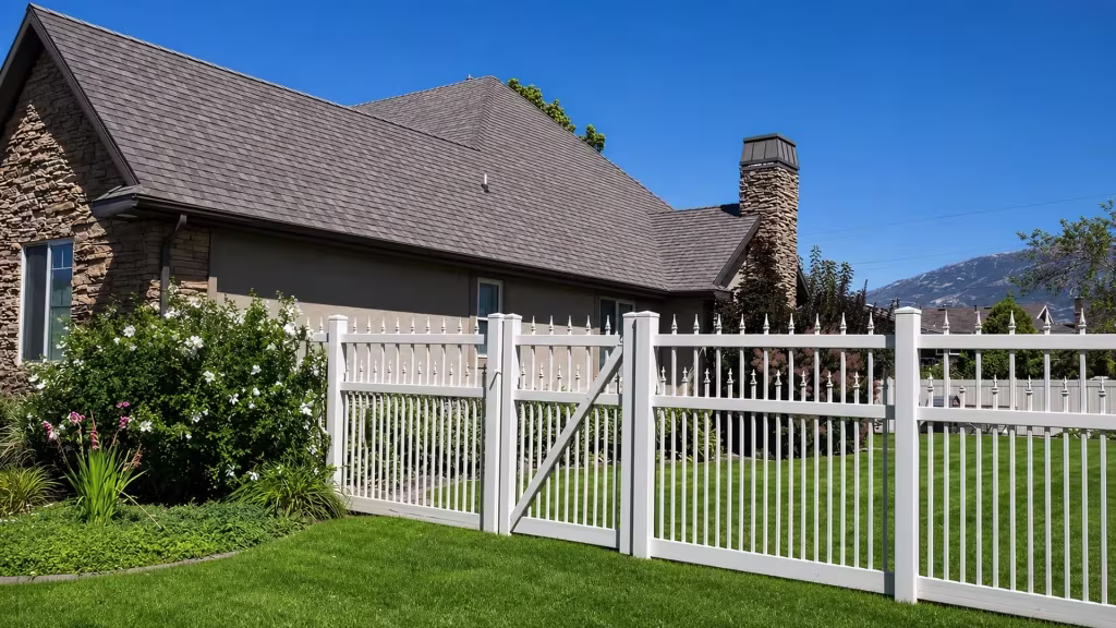 White vinyl picket fence includes one gate leaf between fixed panels, a stone chimney rising behind it
