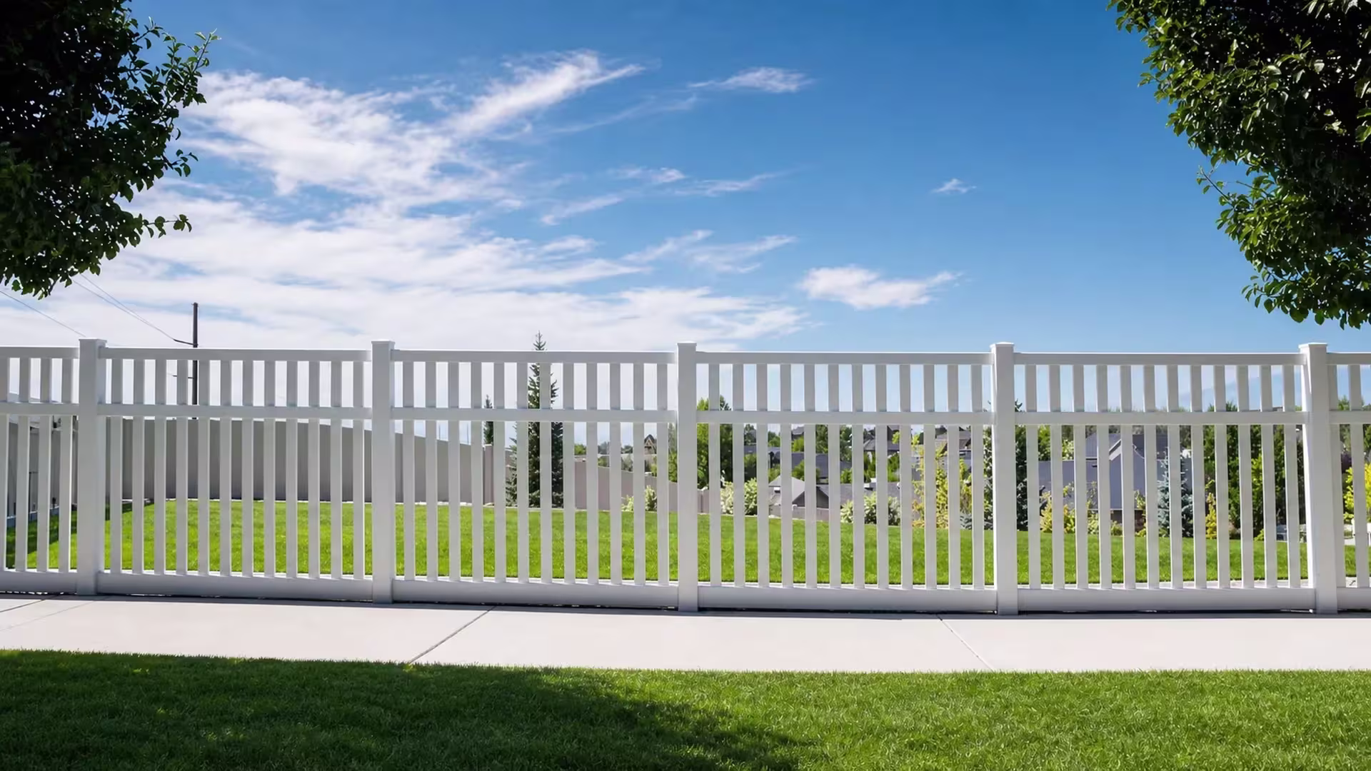 A level White vinyl picket fence spans the frame beside a concrete walkway, with a sloped property visible in the distance