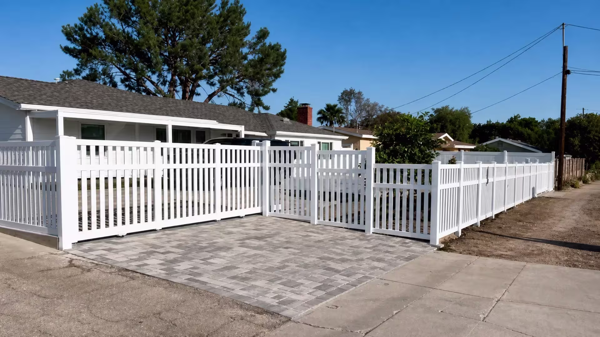 This White vinyl picket fence encloses a driveway and side yard, a partial return entering left near a utility pole