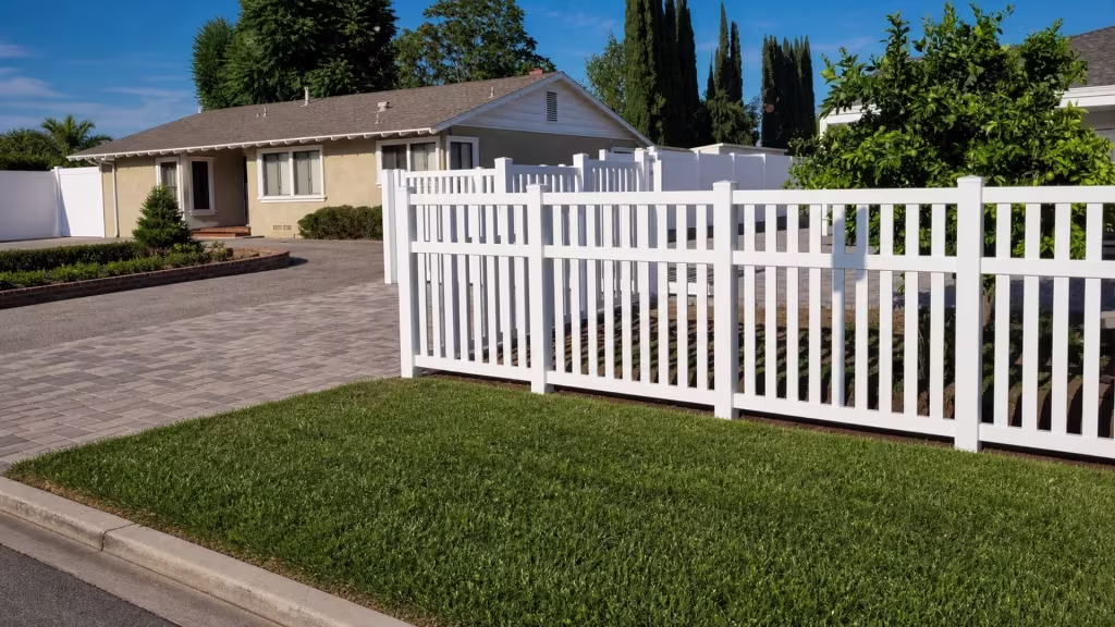Top, middle and bottom rails run through this White vinyl picket fence standing near a citrus tree by the driveway