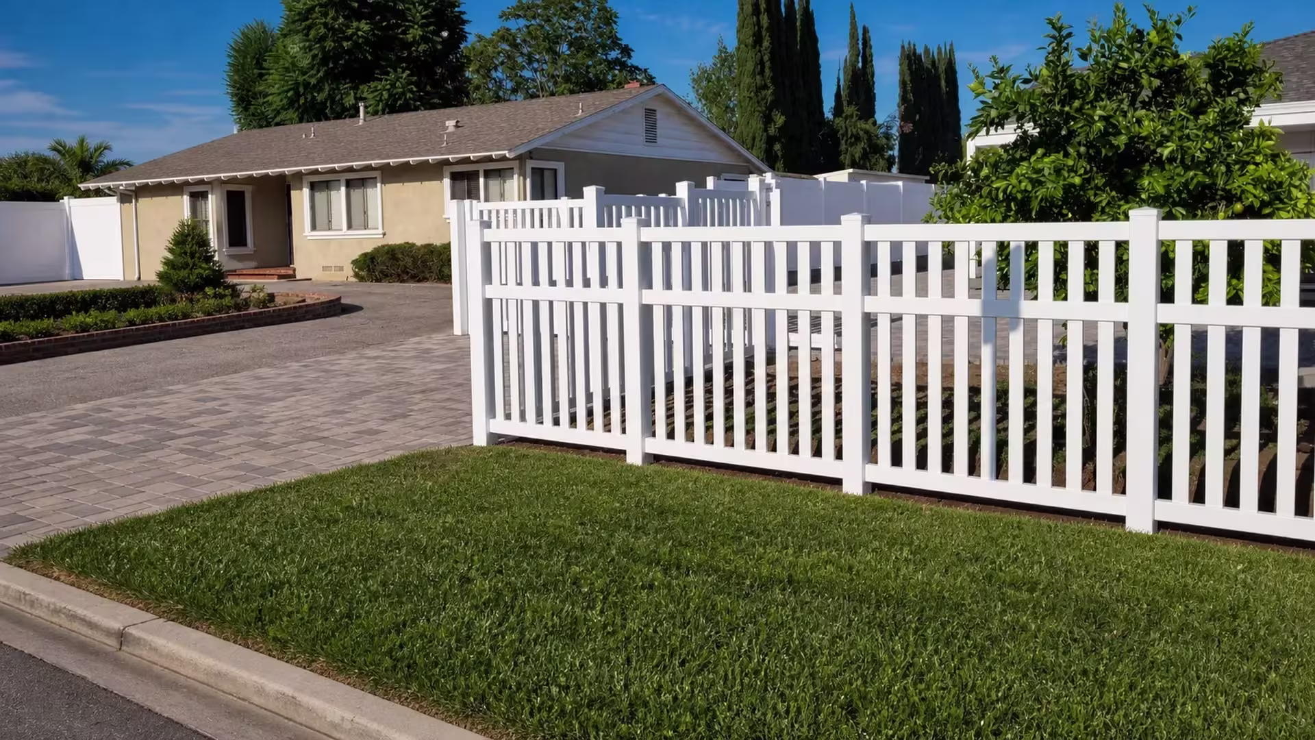 Top, middle and bottom rails run through this White vinyl picket fence standing near a citrus tree by the driveway