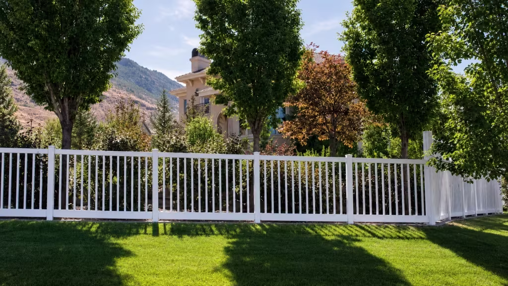 White vinyl picket fence crosses a sloping lawn, its short return panel turning off the last post toward the mountains