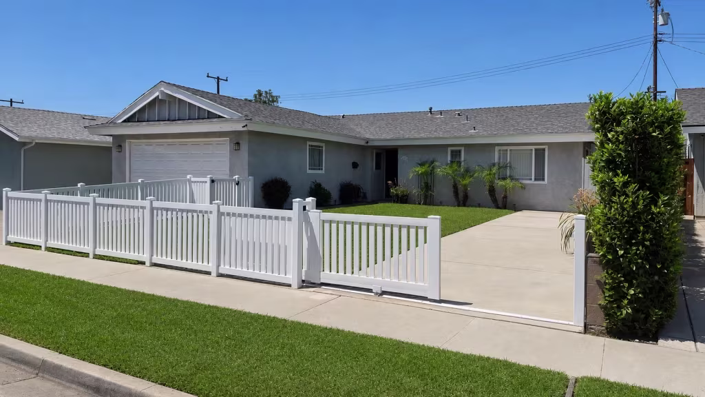 Past a gray house and garage, this White vinyl picket fence ends at a sliding driveway gate with its roller track
