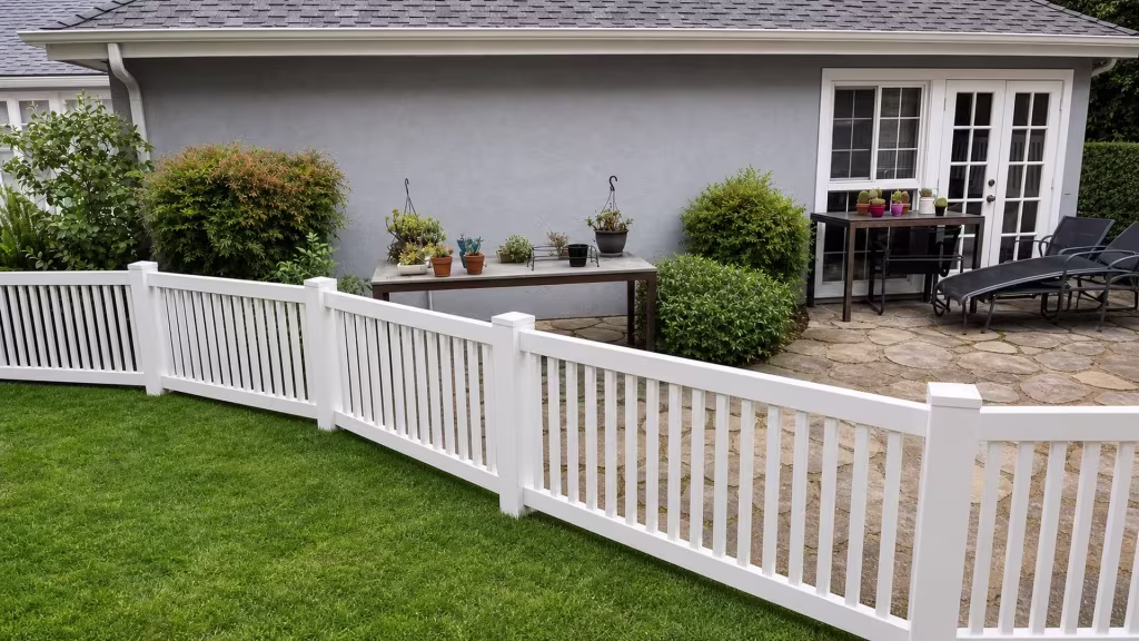 This White vinyl picket fence angles across the yard past an irregular stone patio in front of a gray stucco house