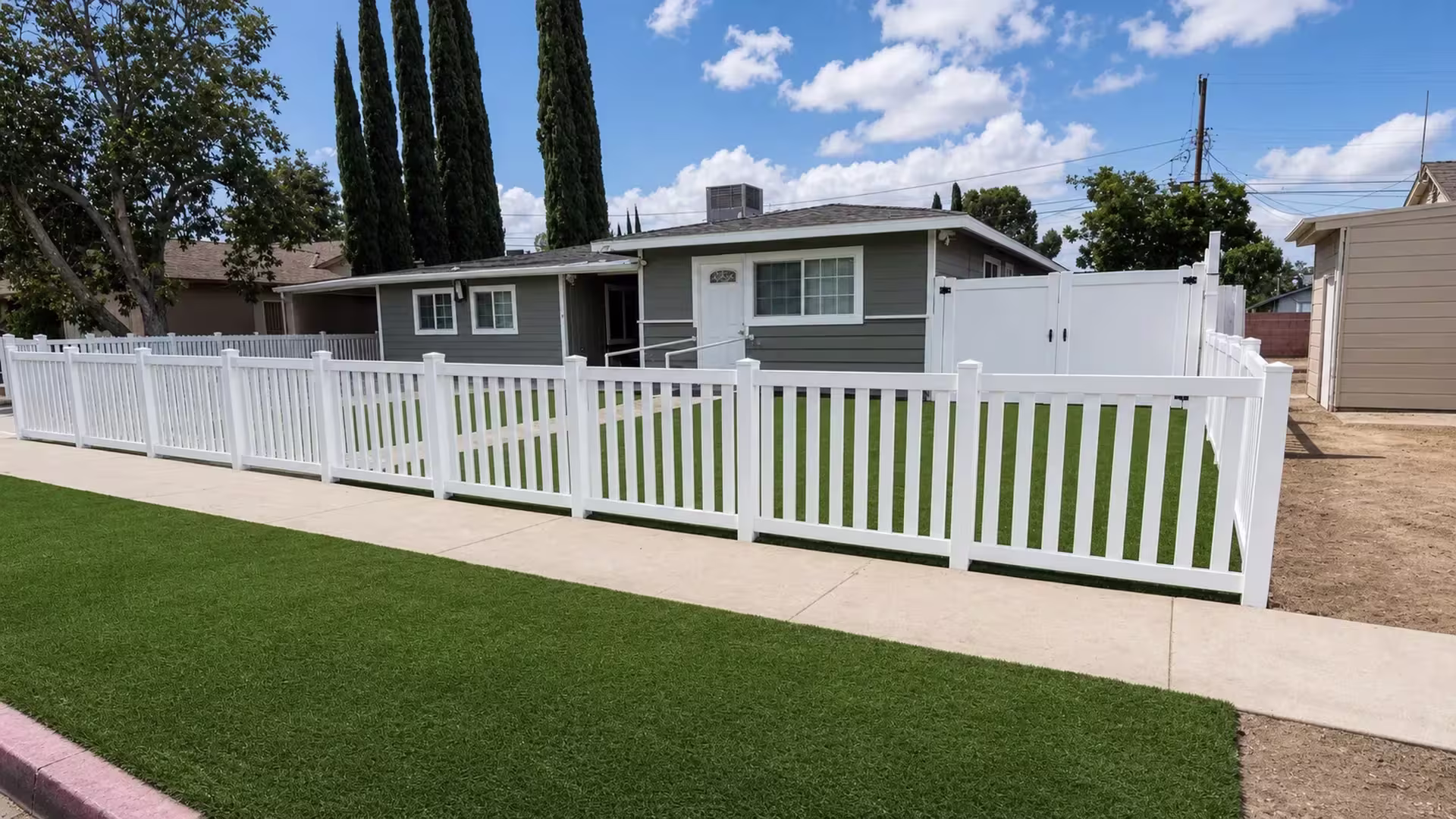 Nine bays of a White closed-top picket vinyl fence pass a concrete access ramp and handrails