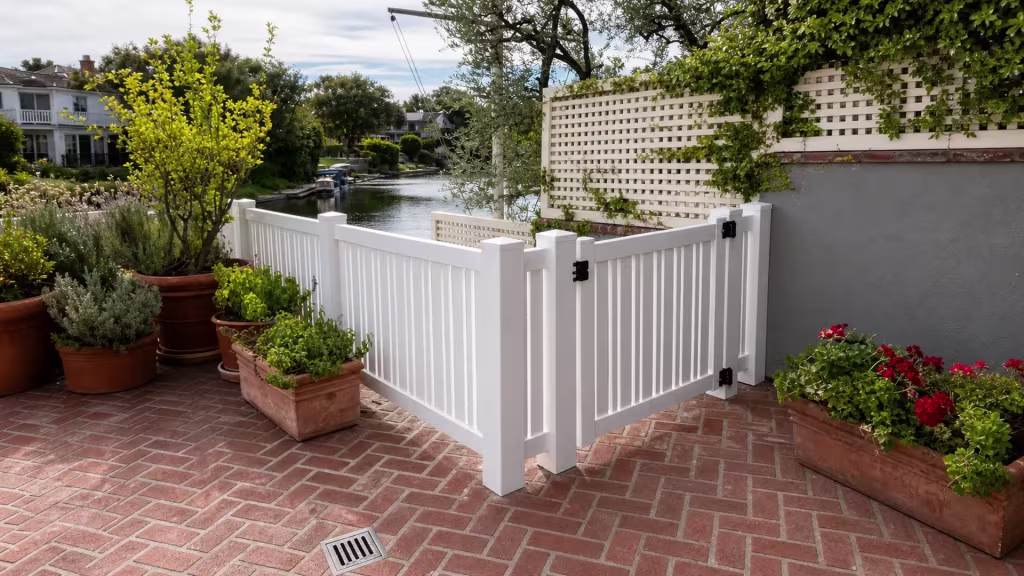 A single swing gate on this White vinyl picket fence opens onto a canal-side brick patio near docked boats