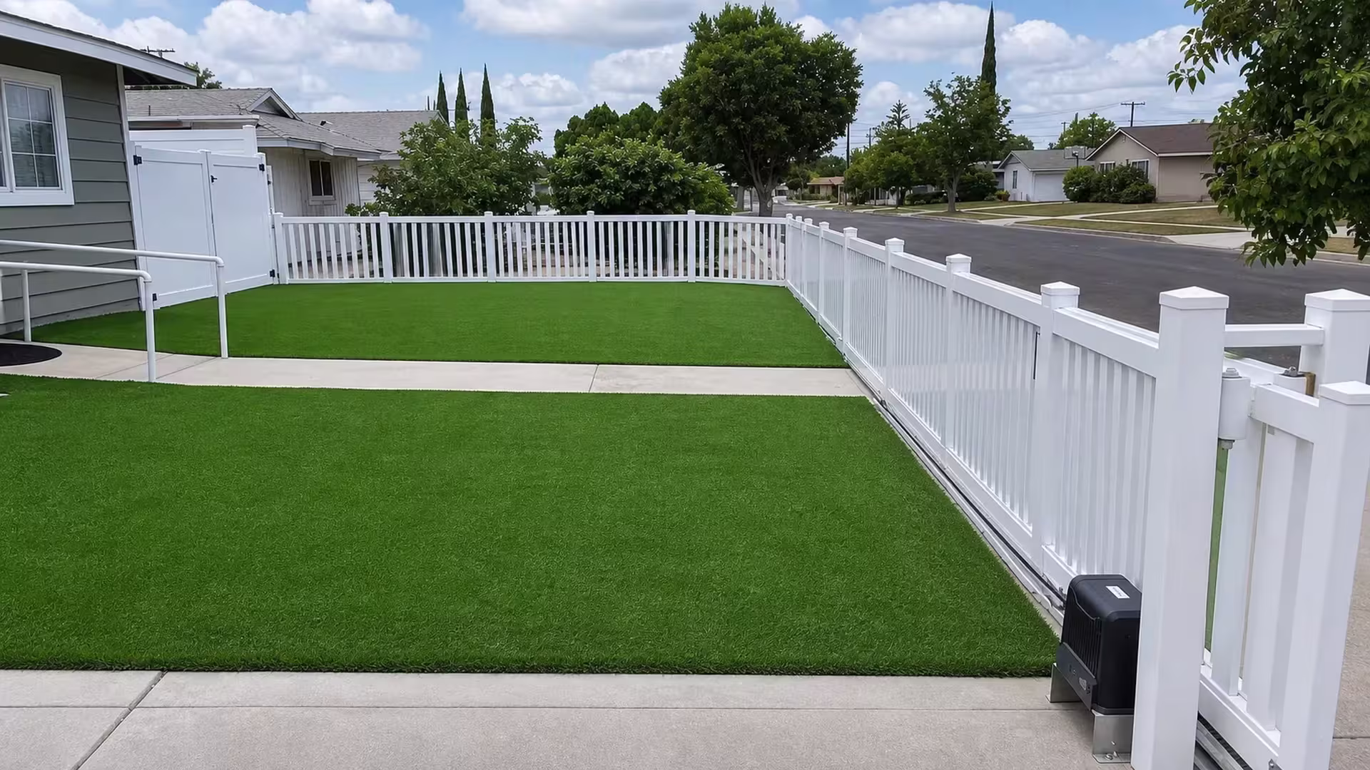 Pale concrete walks and an accessibility handrail run beside this low White vinyl picket fence near an artificial-turf yard