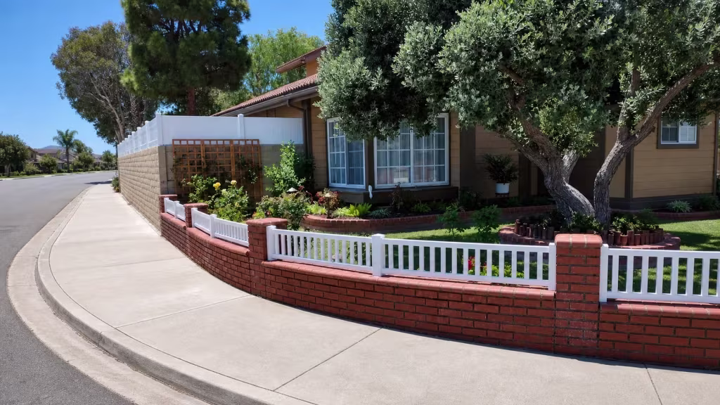 Several sections of White vinyl picket fence recede along a sidewalk toward a wooden garden trellis near the house