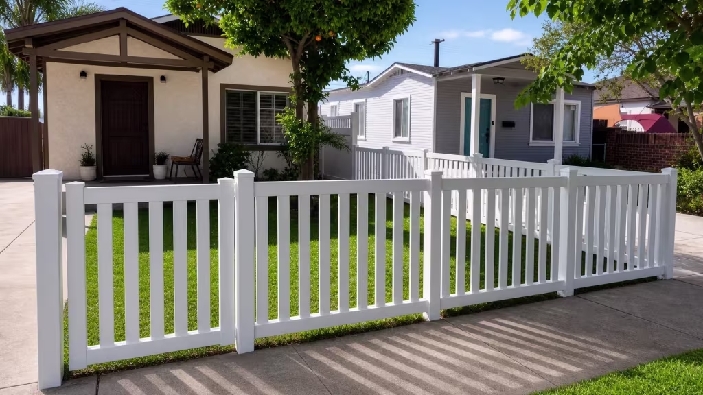 A low White vinyl picket fence stretches between two houses, each fronted by its own covered porch