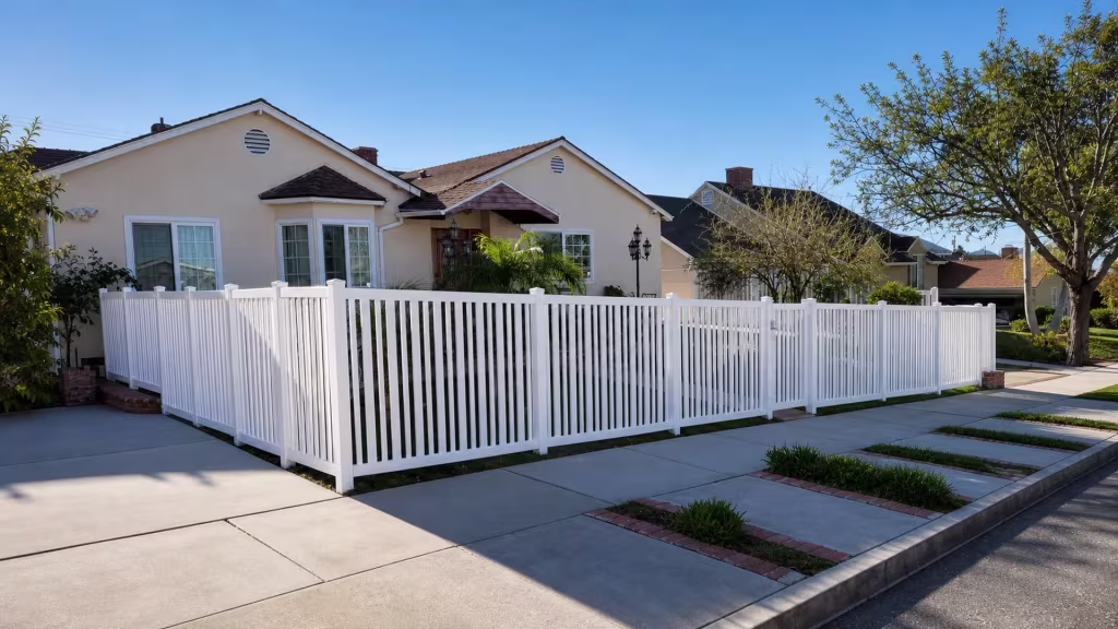Narrow planting strips separate the sidewalk from a White vinyl picket fence enclosing this front yard