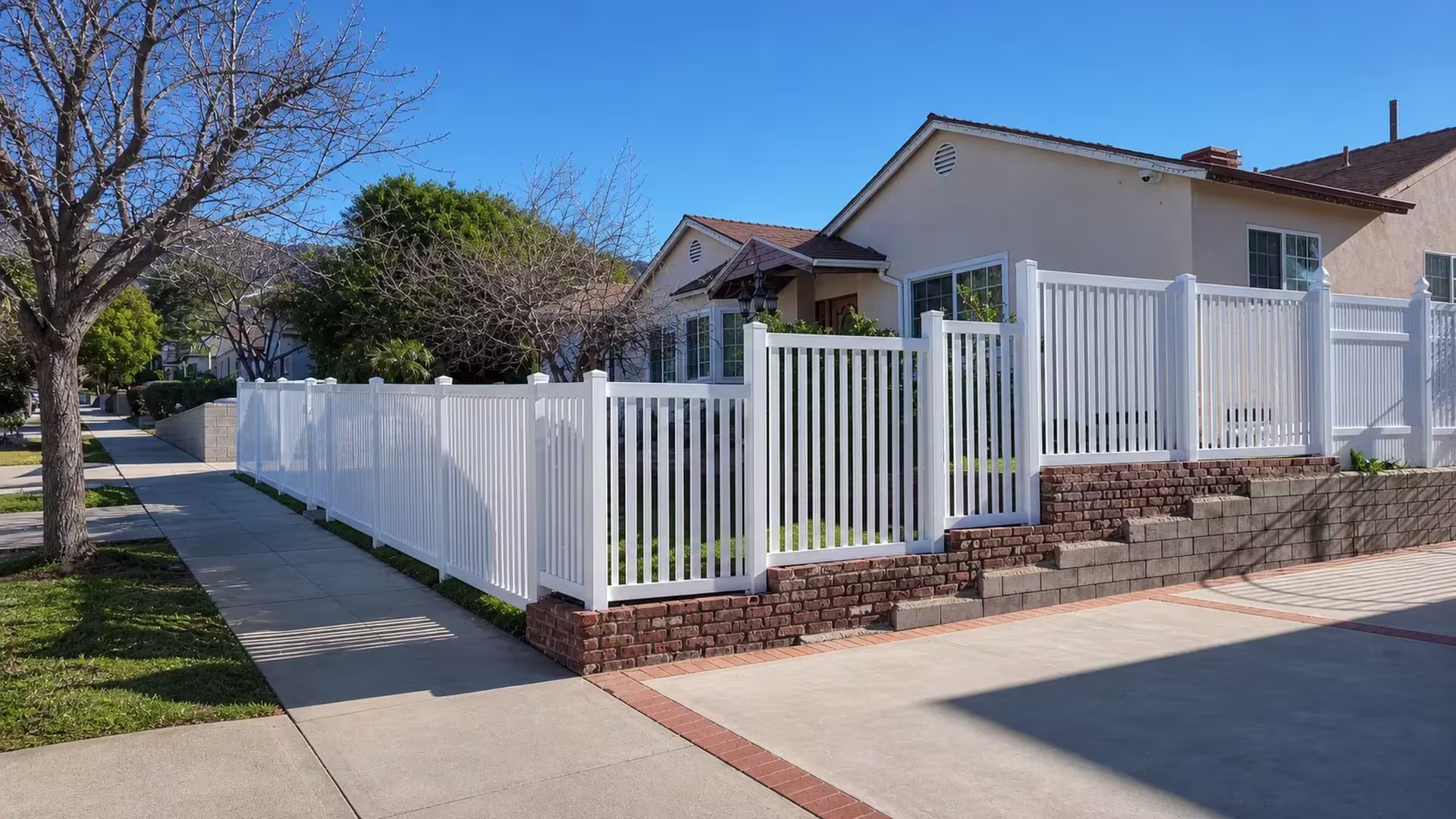 Beige stucco walls frame a White vinyl picket fence wrapping around the front and side yard of this house