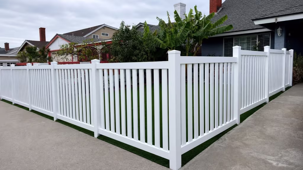 Banana plants line the corner where a White vinyl picket fence turns toward a blue-gray house