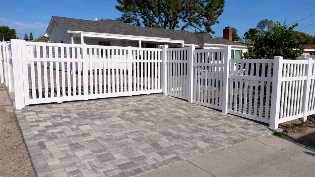 A multi-leaf gate and White vinyl picket fence follow the stepped grade of a paved driveway