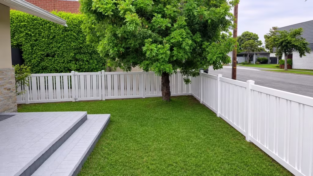 Fixed panels flank a pedestrian swing gate on this White picket fence, vinyl with a closed top, enclosing the lawn