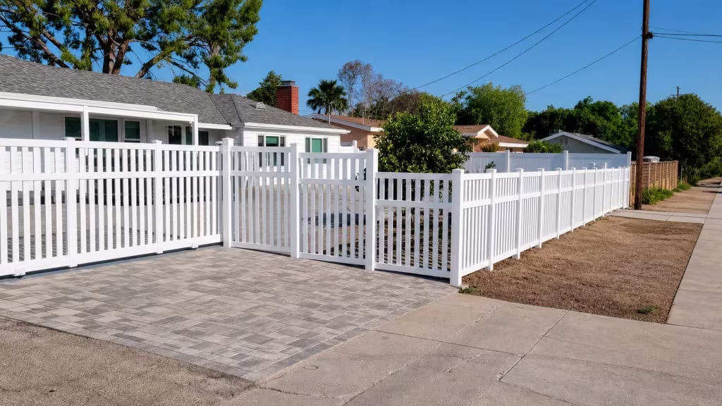 Two gate leaves meet at center stiles where a paved driveway run turns White and vinyl with a closed-top fence