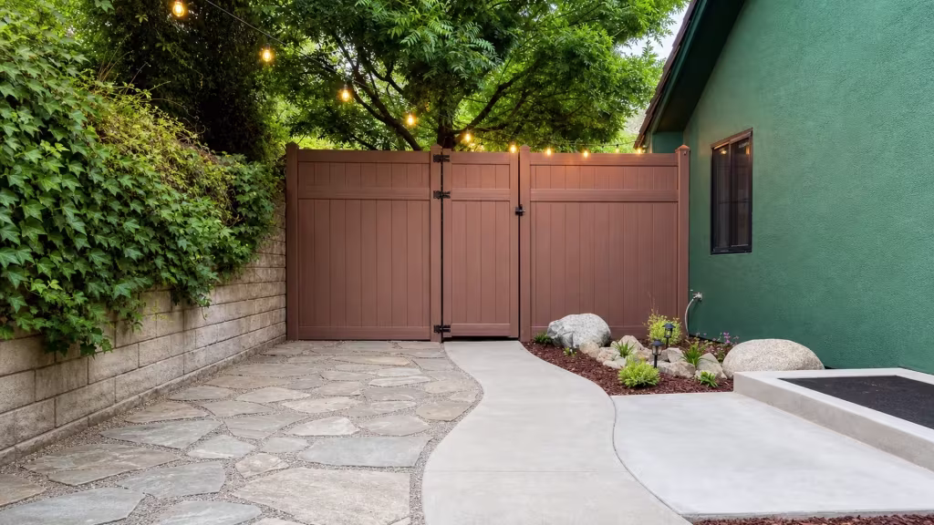 Brazilian Blend vinyl privacy fence with a center gate leaf between a block retaining wall and a green stucco house