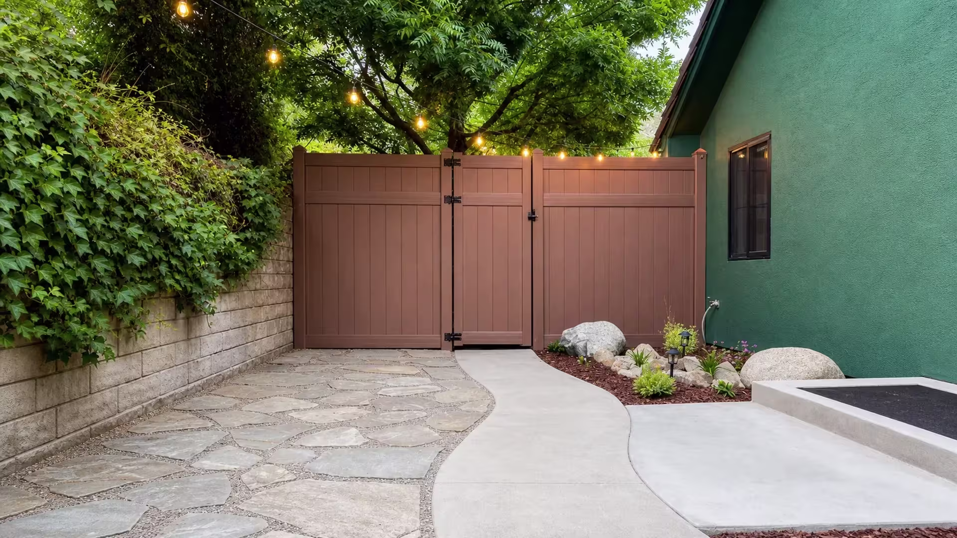 Brazilian Blend vinyl privacy fence with a center gate leaf between a block retaining wall and a green stucco house