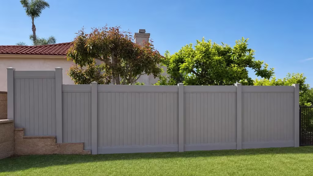 Five stepped Clay vinyl privacy fence panels run below a red tile roof and chimney beside a retaining wall