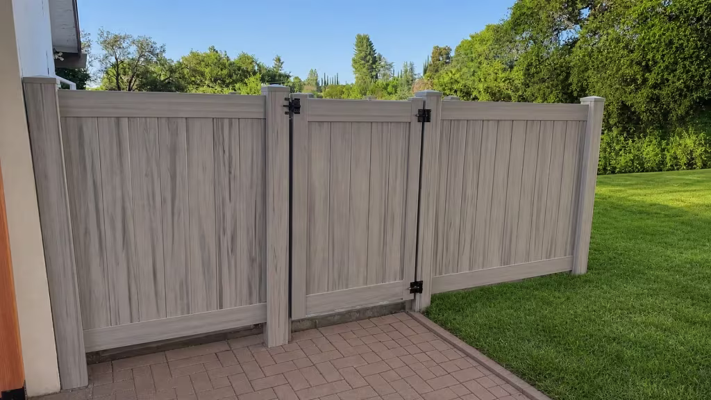 Coastal Cedar vinyl privacy fence gate stands beside the house in three tongue and groove infill sections