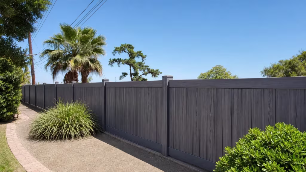 Coastal Cedar vinyl privacy fence panels step diagonally past a planting bed toward the near walkway edge