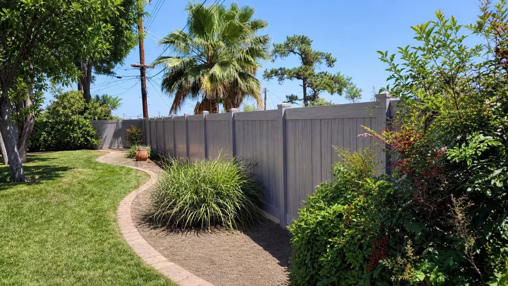 Seven posts carry this Coastal Cedar vinyl privacy fence past dense shrubs and a curved brick garden path