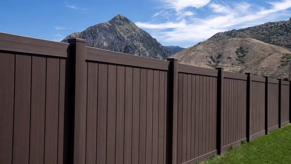 Six posts step across dry rocky terrain in this Dark Walnut vinyl privacy fence beneath a clear sky