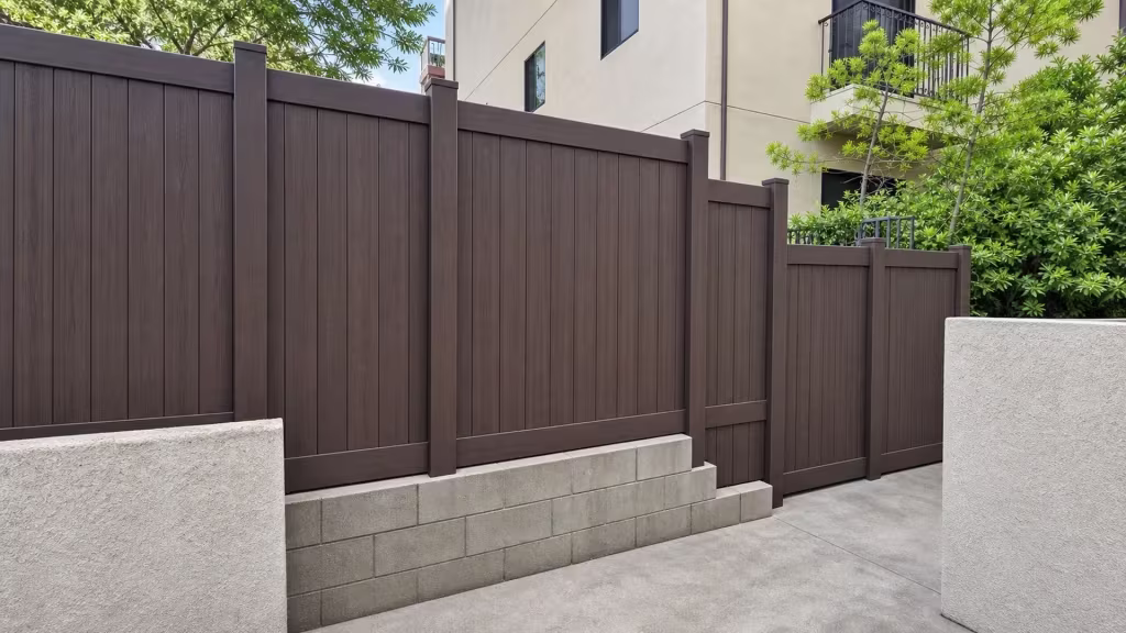 Balcony railings and a downpipe overlook this Dark Walnut vinyl privacy fence along a sloped concrete path