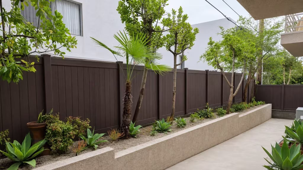 Palm and succulent planting border this Dark Walnut vinyl privacy fence enclosing a narrow backyard patio