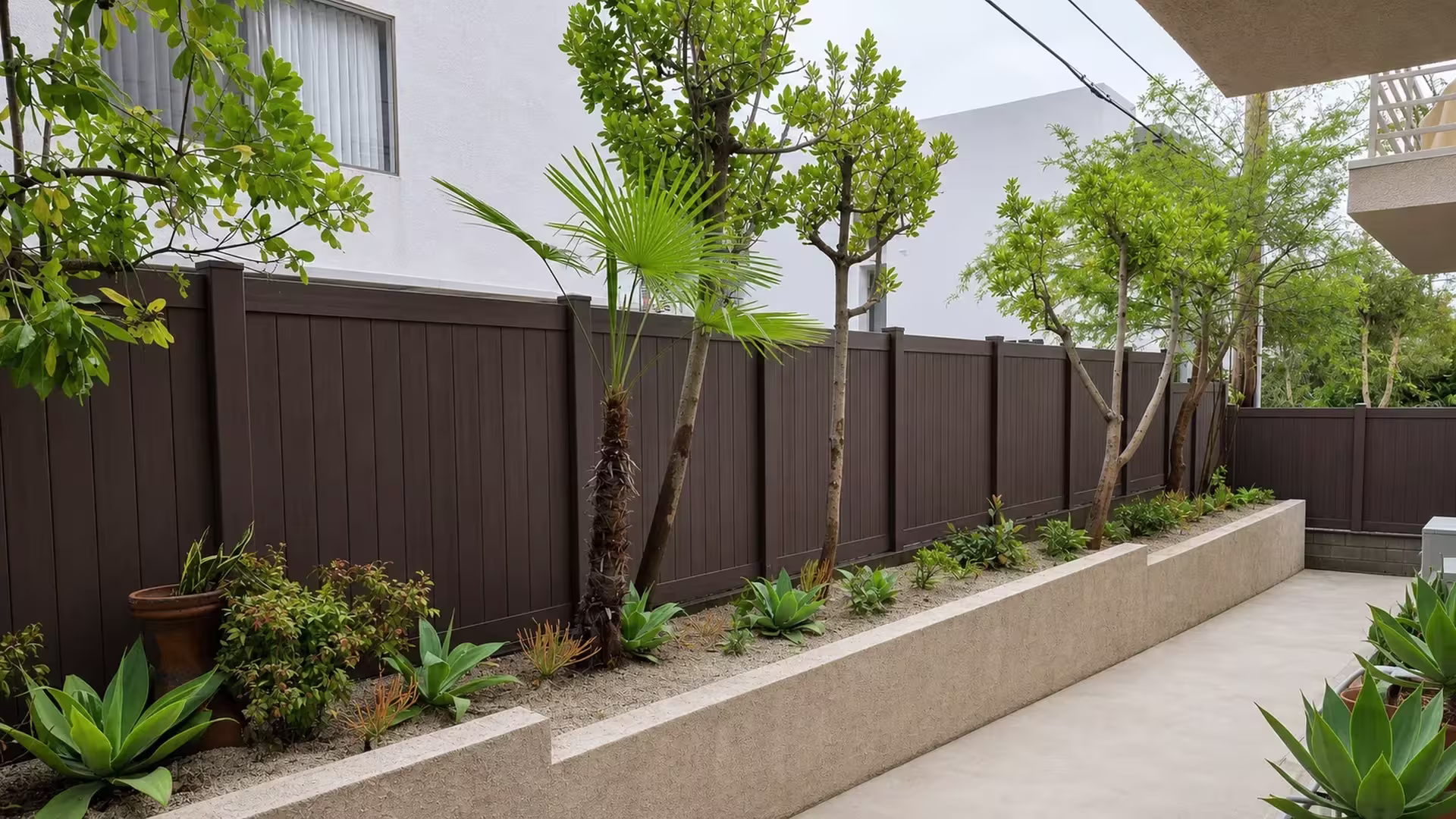 Palm and succulent planting border this Dark Walnut vinyl privacy fence enclosing a narrow backyard patio