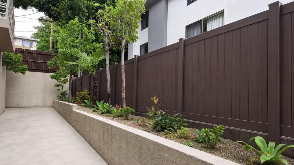 Panel heights climb toward a raised concrete planter along this Dark Walnut vinyl privacy fence beside the yard