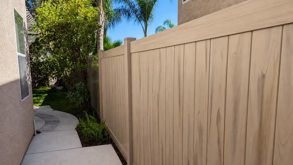 A curved concrete walkway with a round drain runs beside this Mesquite vinyl privacy fence past ferns and lawn