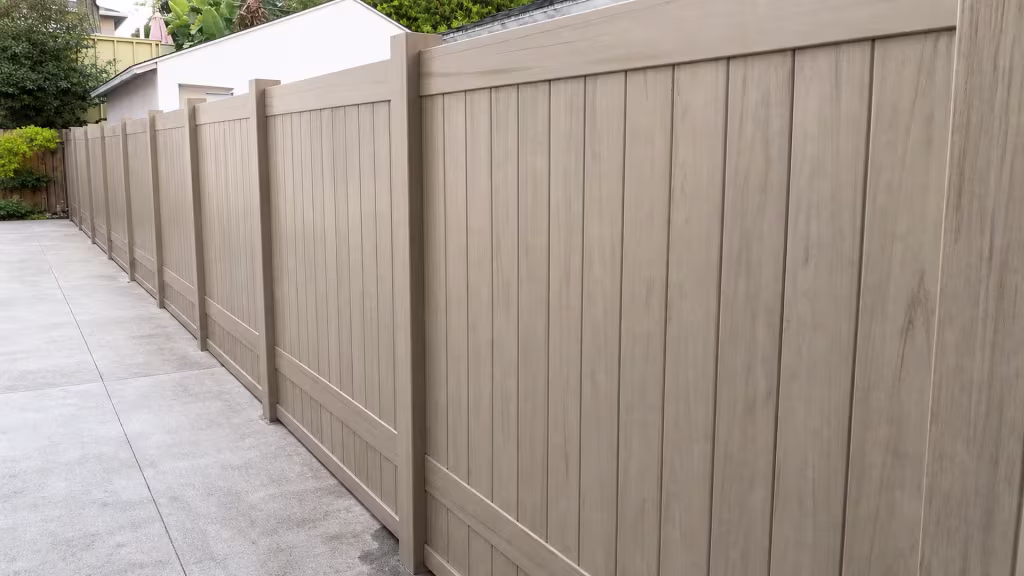 This Mesquite vinyl privacy fence recedes from the yard toward a white outbuilding and adjoining garage structures