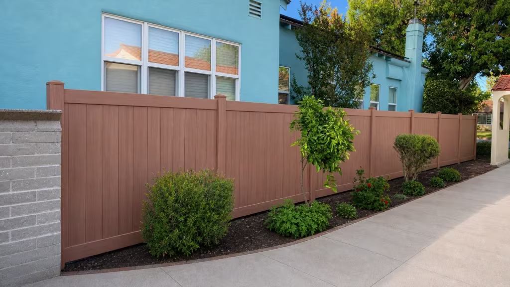 Sierra Blend woodgrain vinyl privacy fence bordering a patio walkway near the planting beds of a turquoise stucco yard