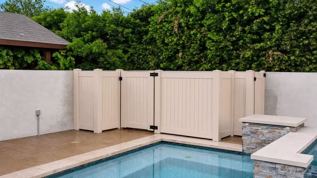 Pool deck bordered by a Tan vinyl vertical privacy fence with a central gate section and raised stone spa nearby