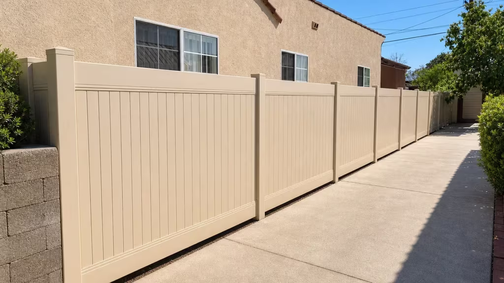 Nine post Tan vinyl vertical privacy fence flanks a concrete driveway beside a block wall