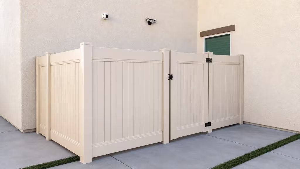 A tinted window with brown trim sits beside a Tan vinyl vertical privacy fence and swing gate