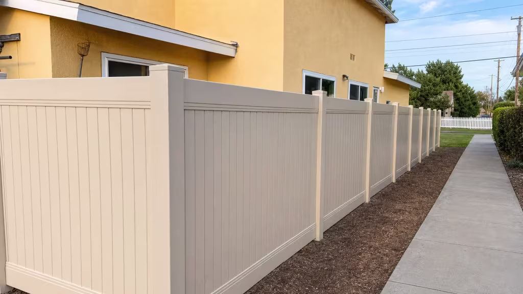 A Tan vinyl vertical privacy fence rounds an L-shaped corner near a distant white picket fence